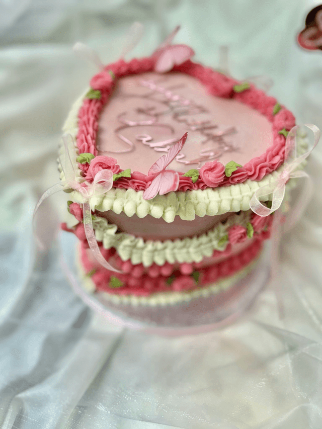 Pink Heart shaped Vintage Birthday Cake