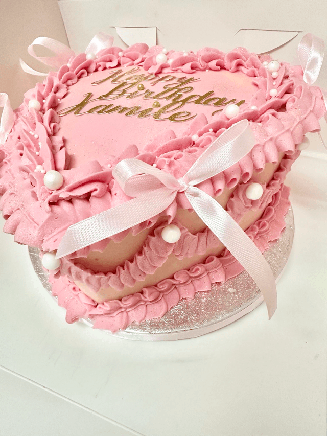 Pink Heart-shaped Vintage Birthday Cake with Pearls