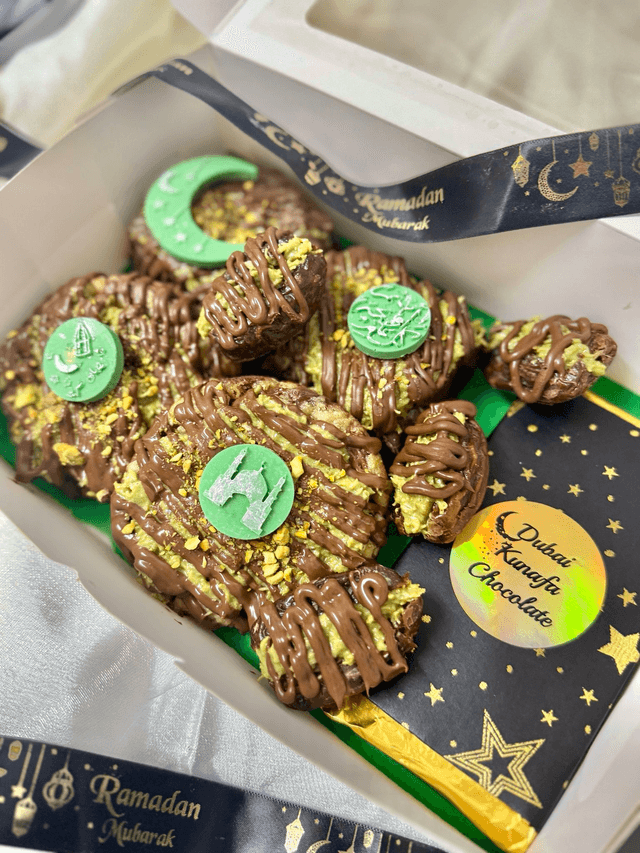 Ramadan Dubai Pistachio Kunafa Chocolate, Kunafa Brownies, Kunafa Chunky chocolate chip Cookies, Kunafa Dates!
