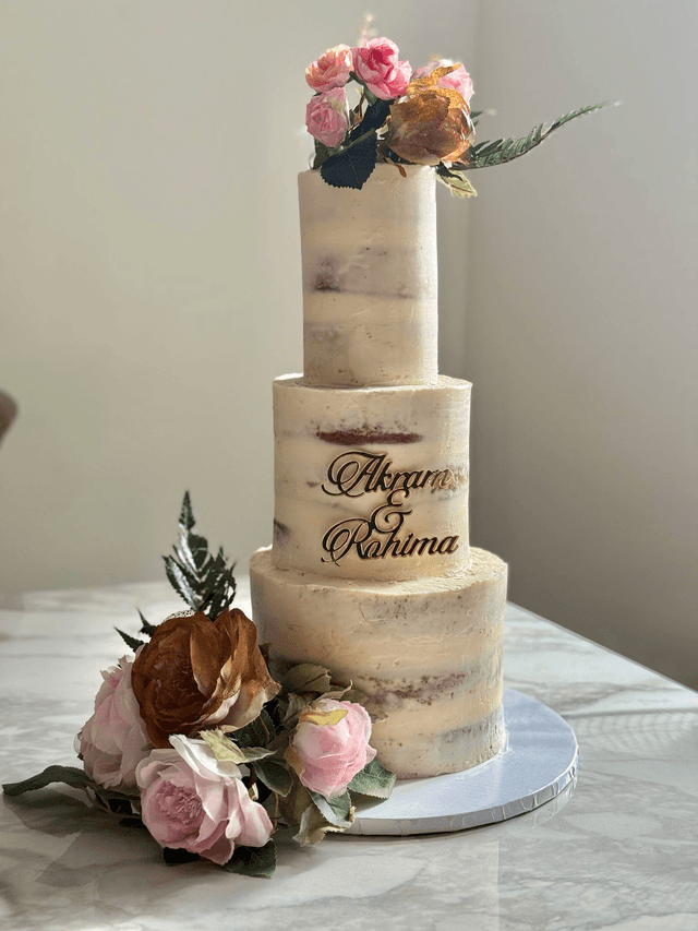 Floral 3 Tier semi naked Wedding Cake