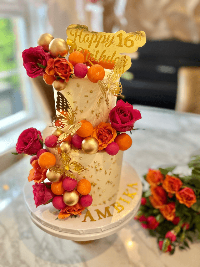 Pink & Orange 2 tier Floral Birthday Cake