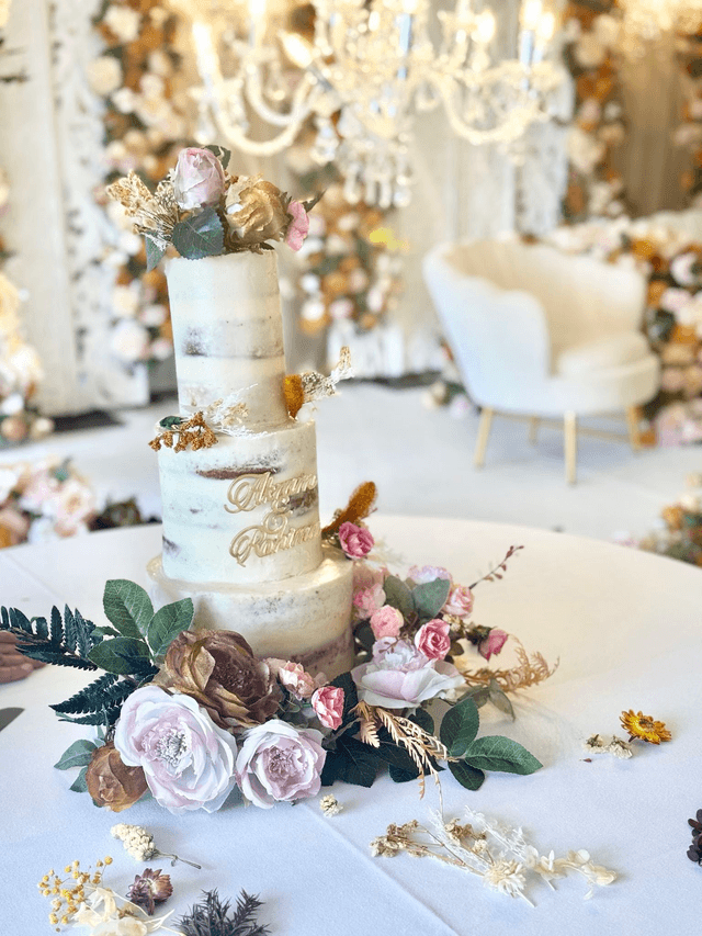 Floral 3 Tier semi naked Wedding Cake
