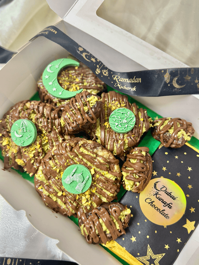 Ramadan Dubai Pistachio Kunafa Chocolate, Kunafa Brownies, Kunafa Chunky chocolate chip Cookies, Kunafa Dates!