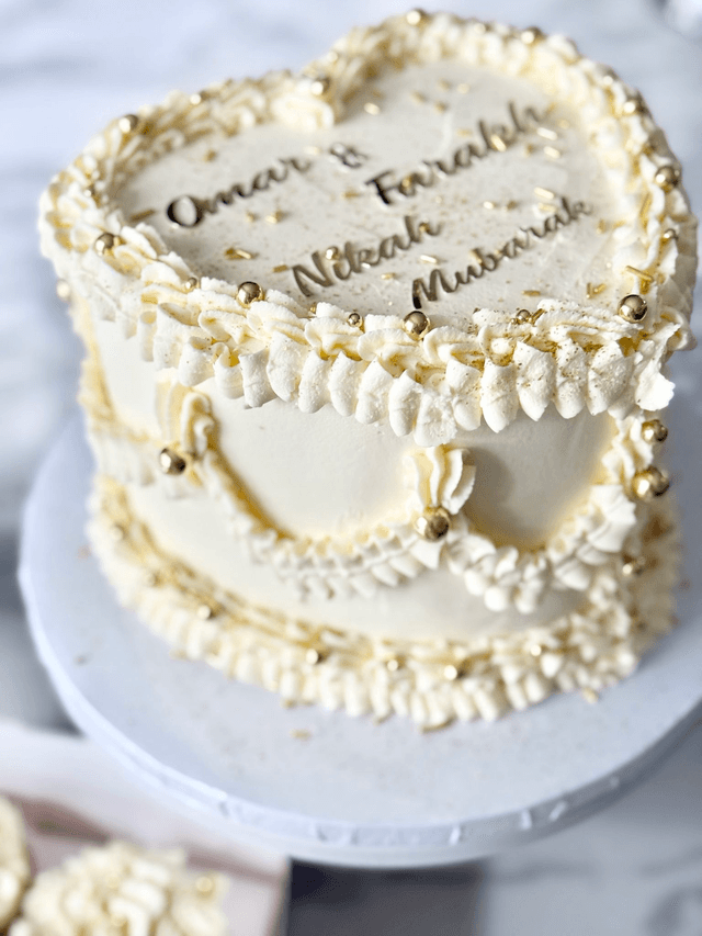 White & Gold Heart shaped Vintage Nikkah Wedding Cake