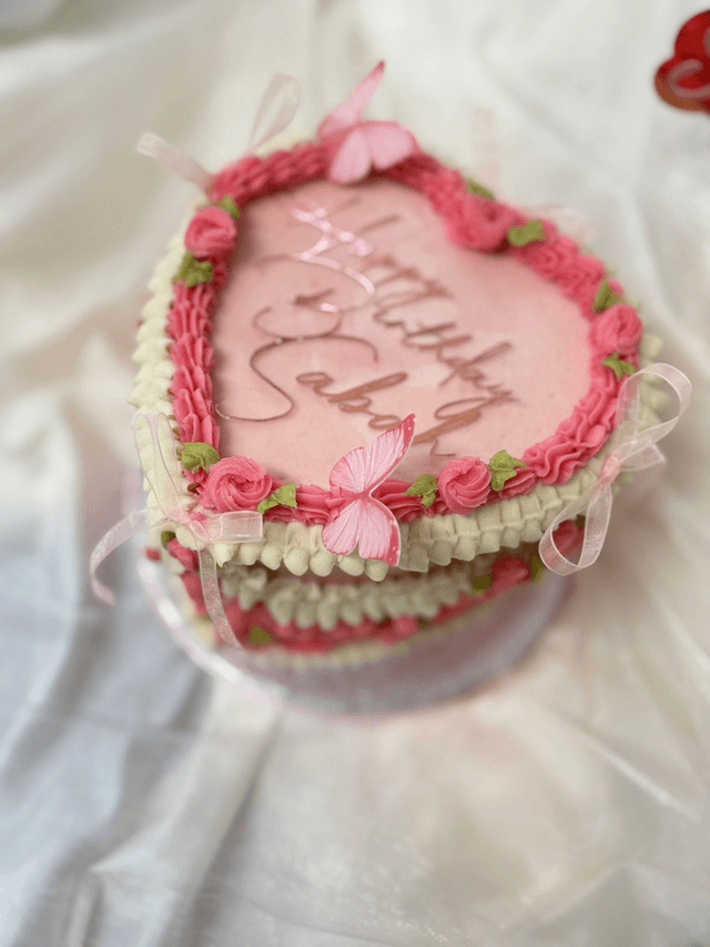 Pink Heart shaped Vintage Birthday Cake