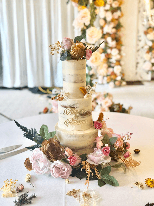 Floral 3 Tier semi naked Wedding Cake