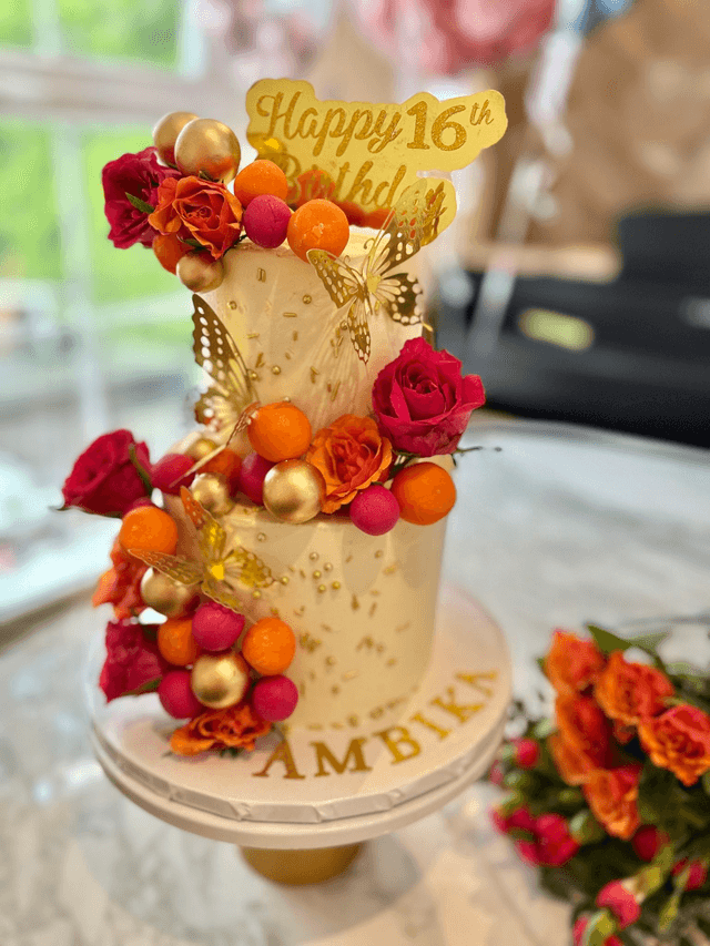 Pink & Orange 2 tier Floral Birthday Cake