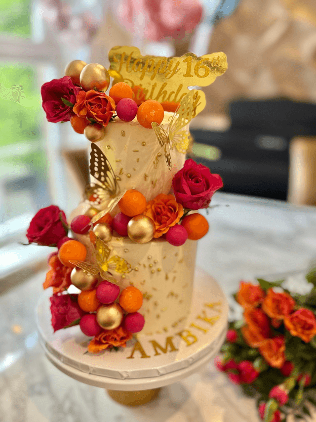 Pink & Orange 2 tier Floral Birthday Cake