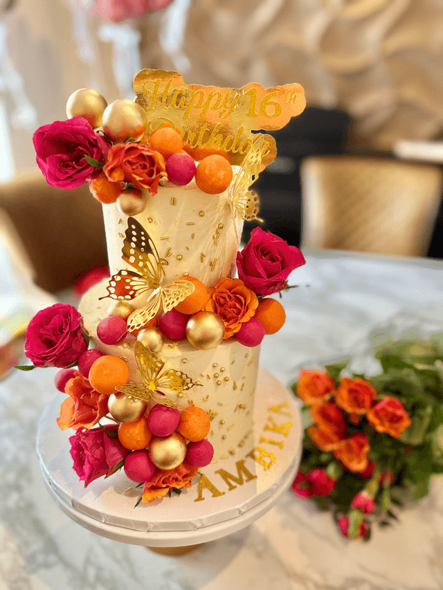 Pink & Orange 2 tier Floral Birthday Cake