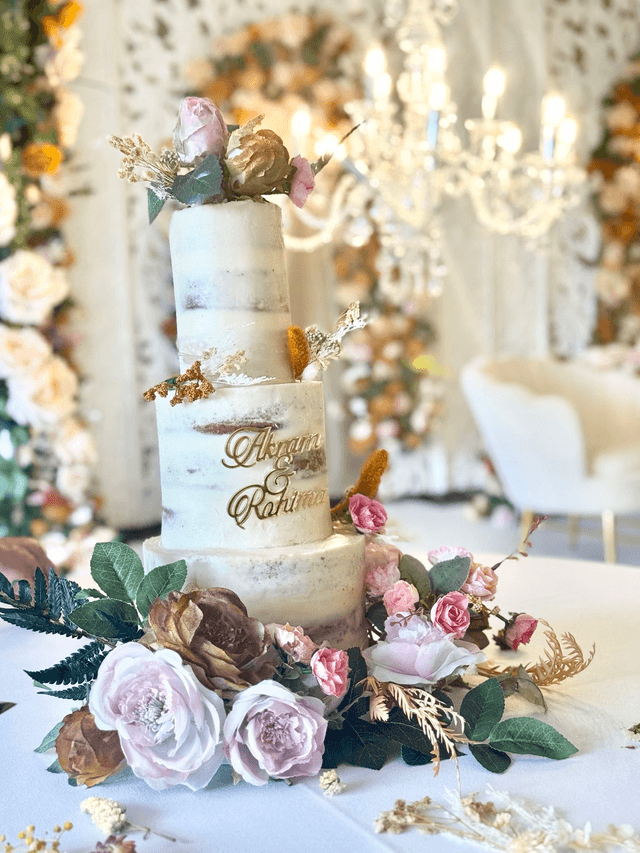 Floral 3 Tier semi naked Wedding Cake