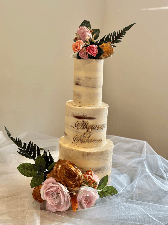 Floral 3 Tier semi naked Wedding Cake