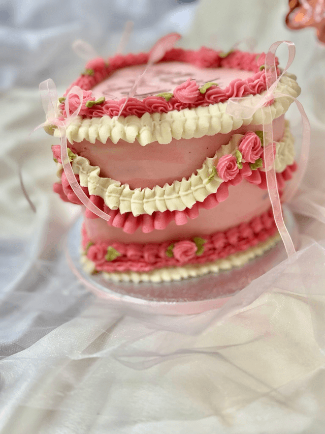 Pink Heart shaped Vintage Birthday Cake