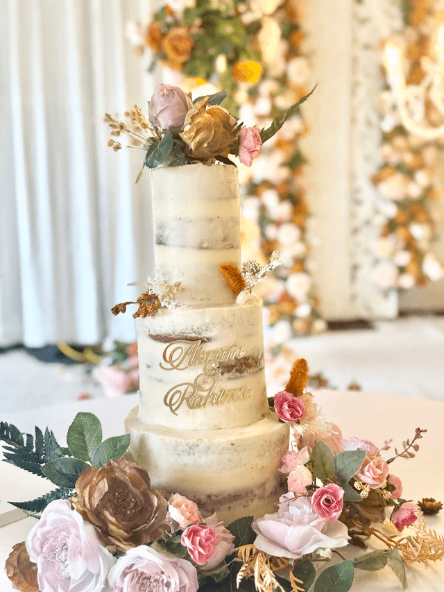 Floral 3 Tier semi naked Wedding Cake