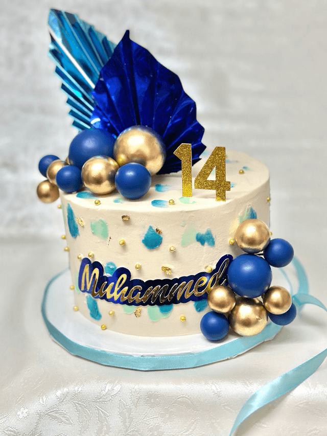 Elegant Blue & Gold Birthday cake
