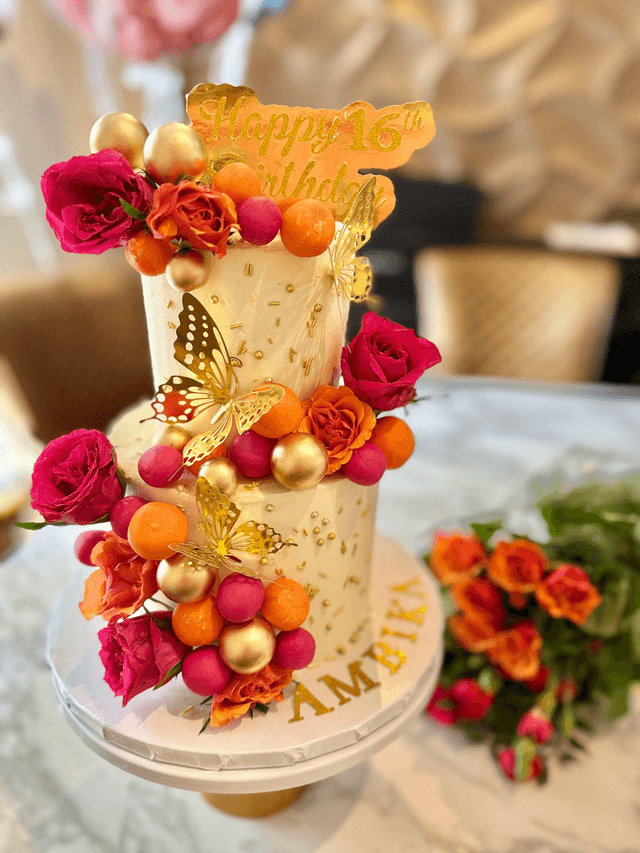 Pink &amp; Orange 2 tier Floral Birthday Cake