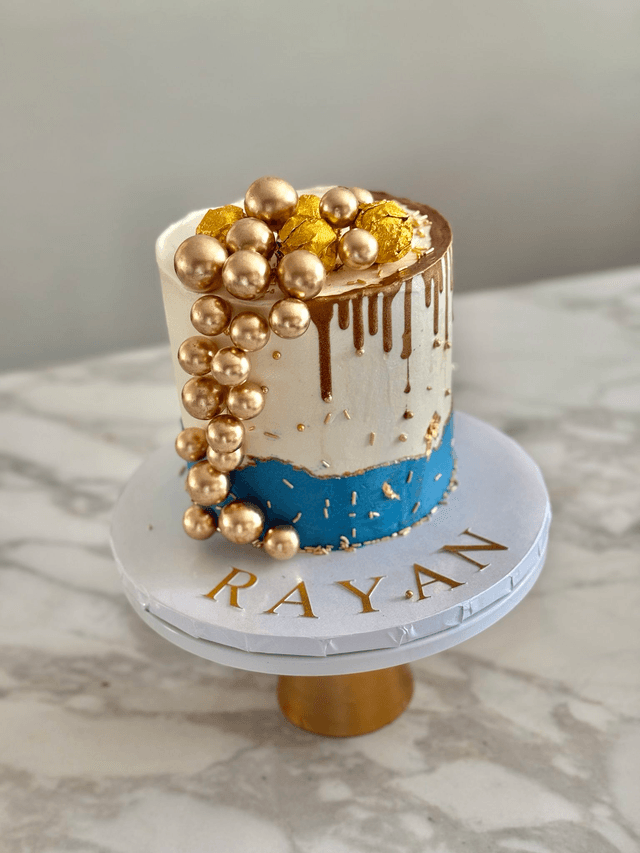 Blue &amp; Gold Drip Birthday Cake