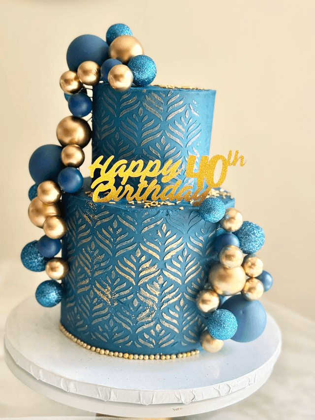 Blue &amp; Gold 2 tier Birthday Cake