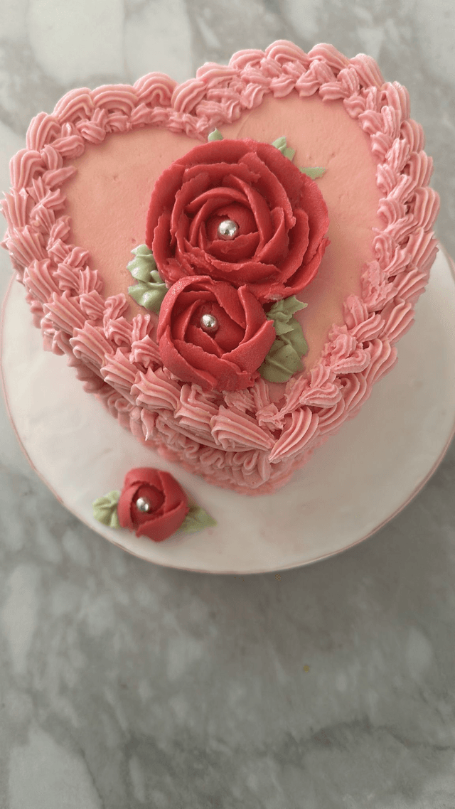 Pink Heart-shaped Vintage Birthday Cake