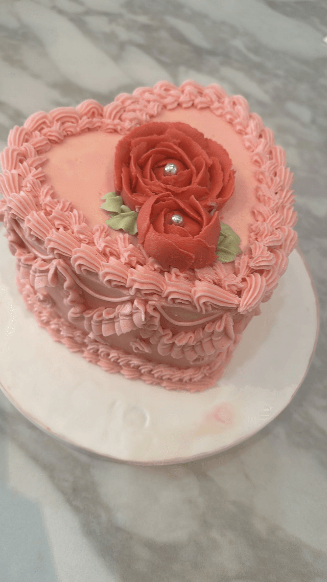 Pink Heart-shaped Vintage Birthday Cake